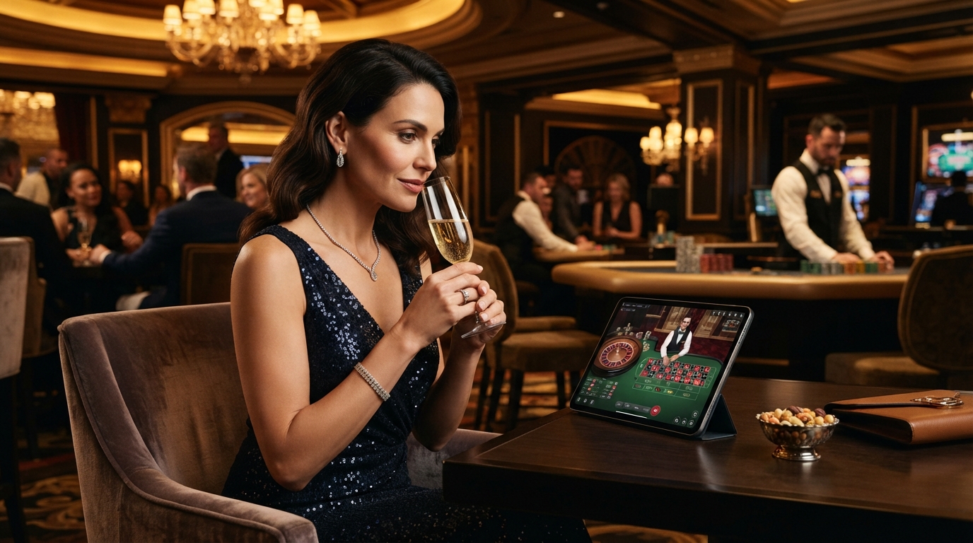 Casino en ligne roulette live med PayPal — En stilfuld kvinde nilrer champagneglas, mens hun ser en live roulette-session p