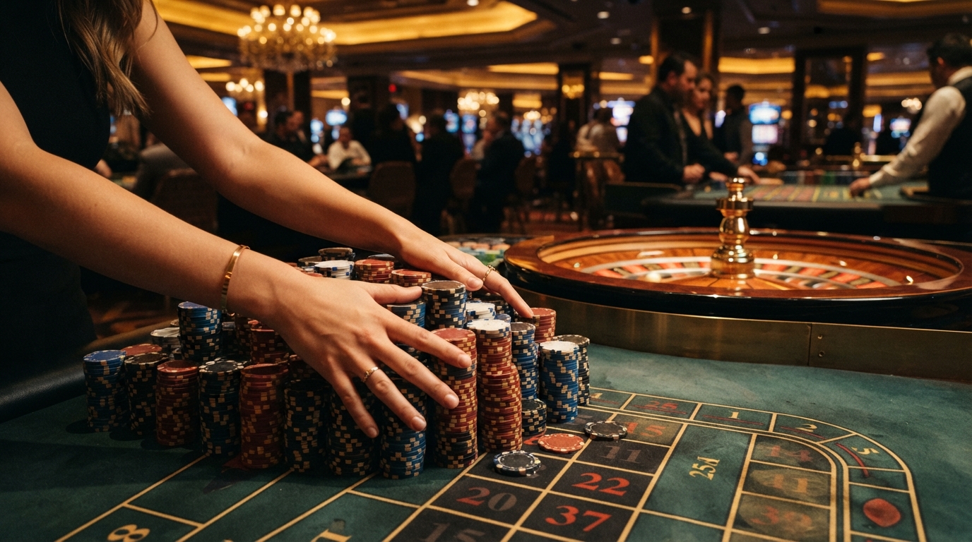 Casino en ligne roulette live med PayPal — Et pars hænder når et bjerg af chips på et filtbeklædt bord, mens en roulettehju