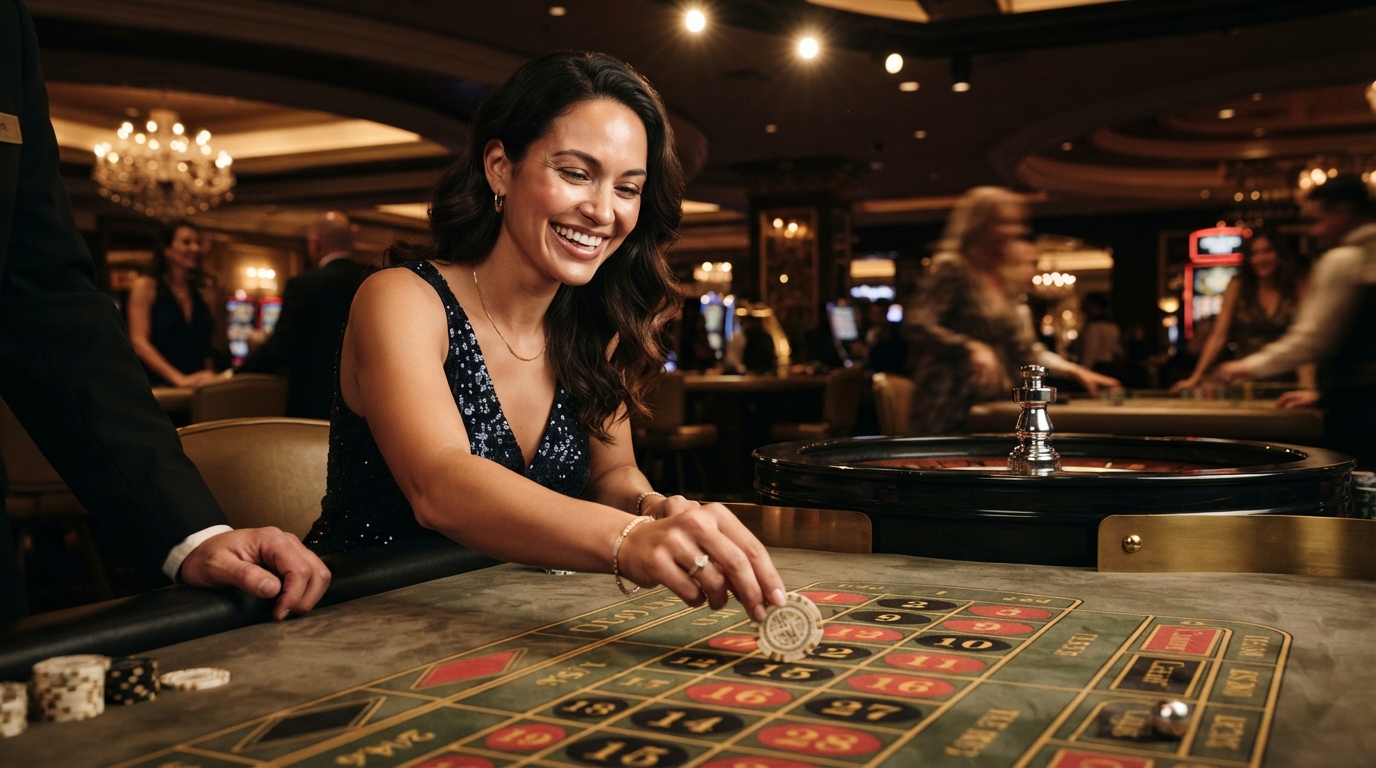 Casino en ligne roulette live med PayPal — Et lykkeligt smil lyser op et ansigt under dæmpet belysning, mens en ikonisk chi