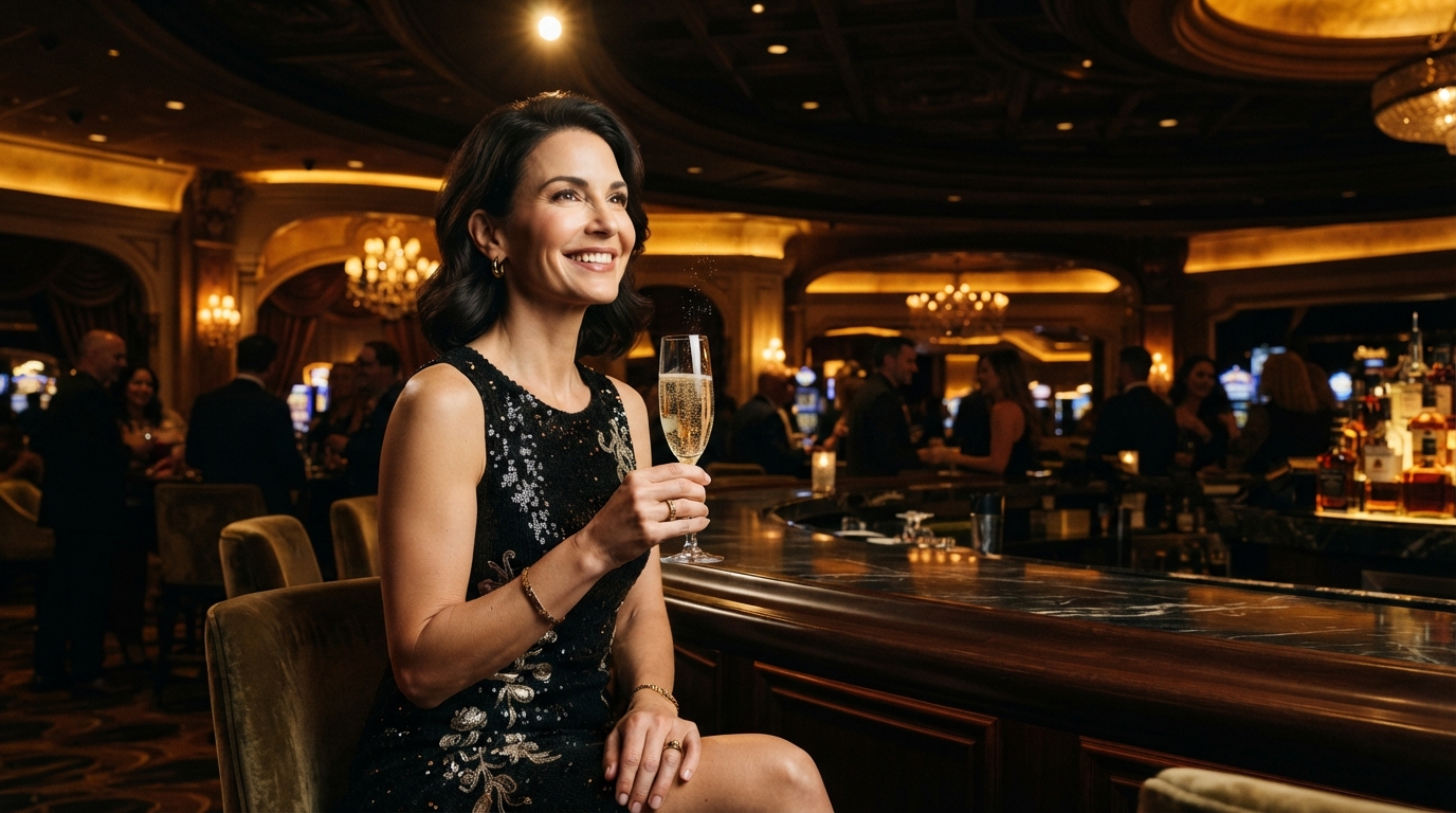 Casino roulette tricks til at vinde på udenlandske casinoer — En kvinde i cocktailkjole ler diskret, mens champagnebobler stiger mod et mørkt 