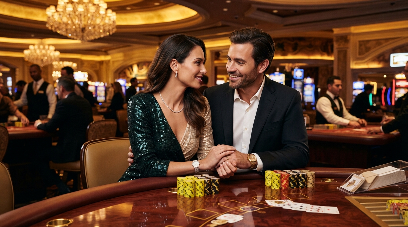 Casino roulette tricks til at vinde på udenlandske casinoer — Et par deler et blik over poleret mahogni, omgivet af gyldne lys og jetoner.