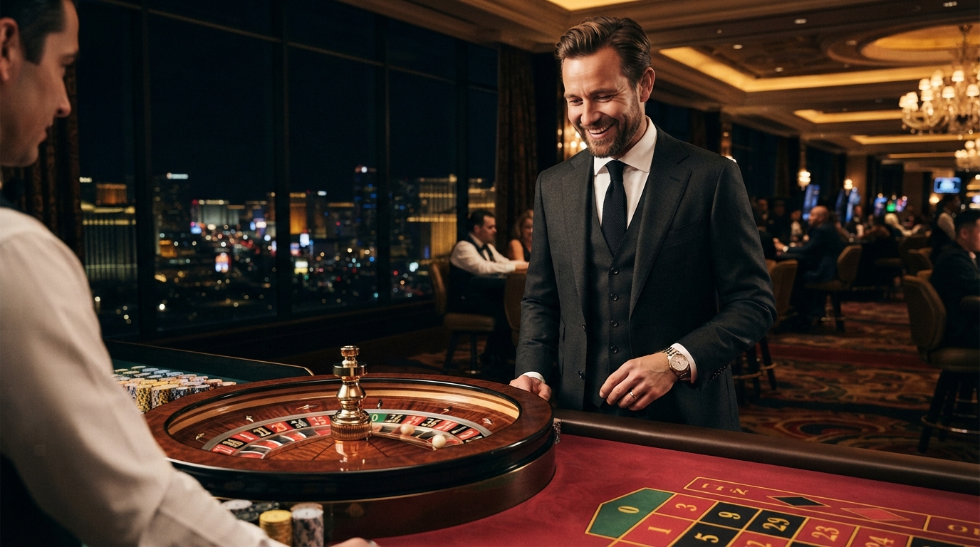 Casino roulette tricks til at vinde på udenlandske casinoer — En elegant mand smiler tilfreds ved et roulettehjul, med en dyb, uendelig nat i 