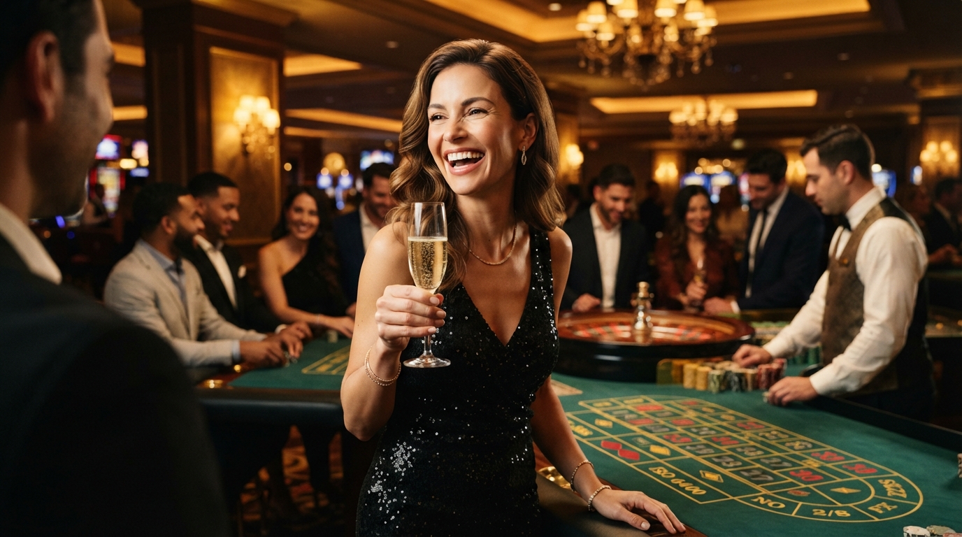 Udenlandske casino med PayPal: En ekspertguide — En elegant kvinde griner, mens hun holder et glas champagne ved et roulettebord