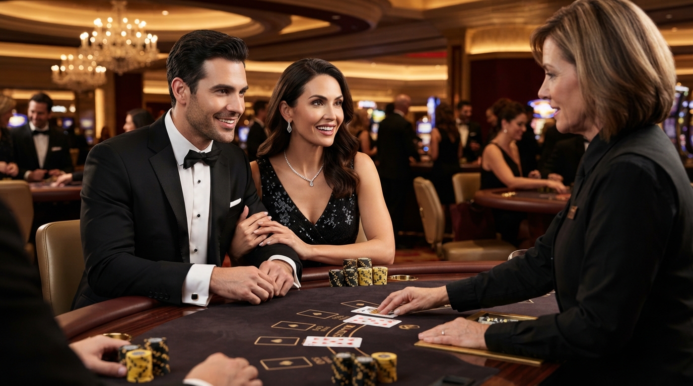 Udenlandske casino med PayPal: En ekspertguide — Et par, klædt i aftenpåklædning, ser forventningsfuldt på et kortspil med elegan