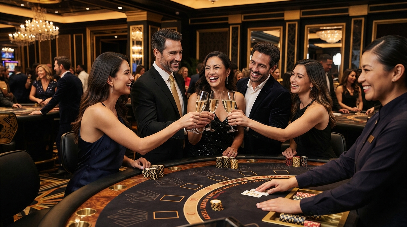 Udenlandske casino med PayPal: En ekspertguide — En gruppe af stilfulde voksne klirrer glas ved et overdådigt casino-bord med en