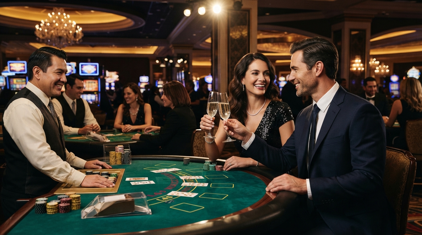 Live Casino Blackjack hos Udenlandske Casinoer med PayPal — Champagne toast at a blackjack table, elegant couple celebrating a win.