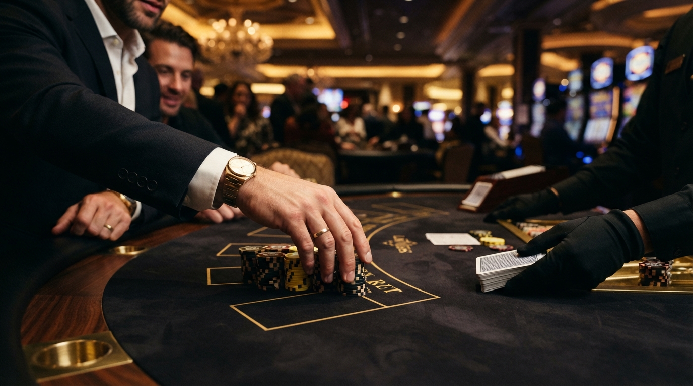 Live Casino Blackjack hos Udenlandske Casinoer med PayPal — Close-up on a hand placing chips, anticipation for the next card dealt.