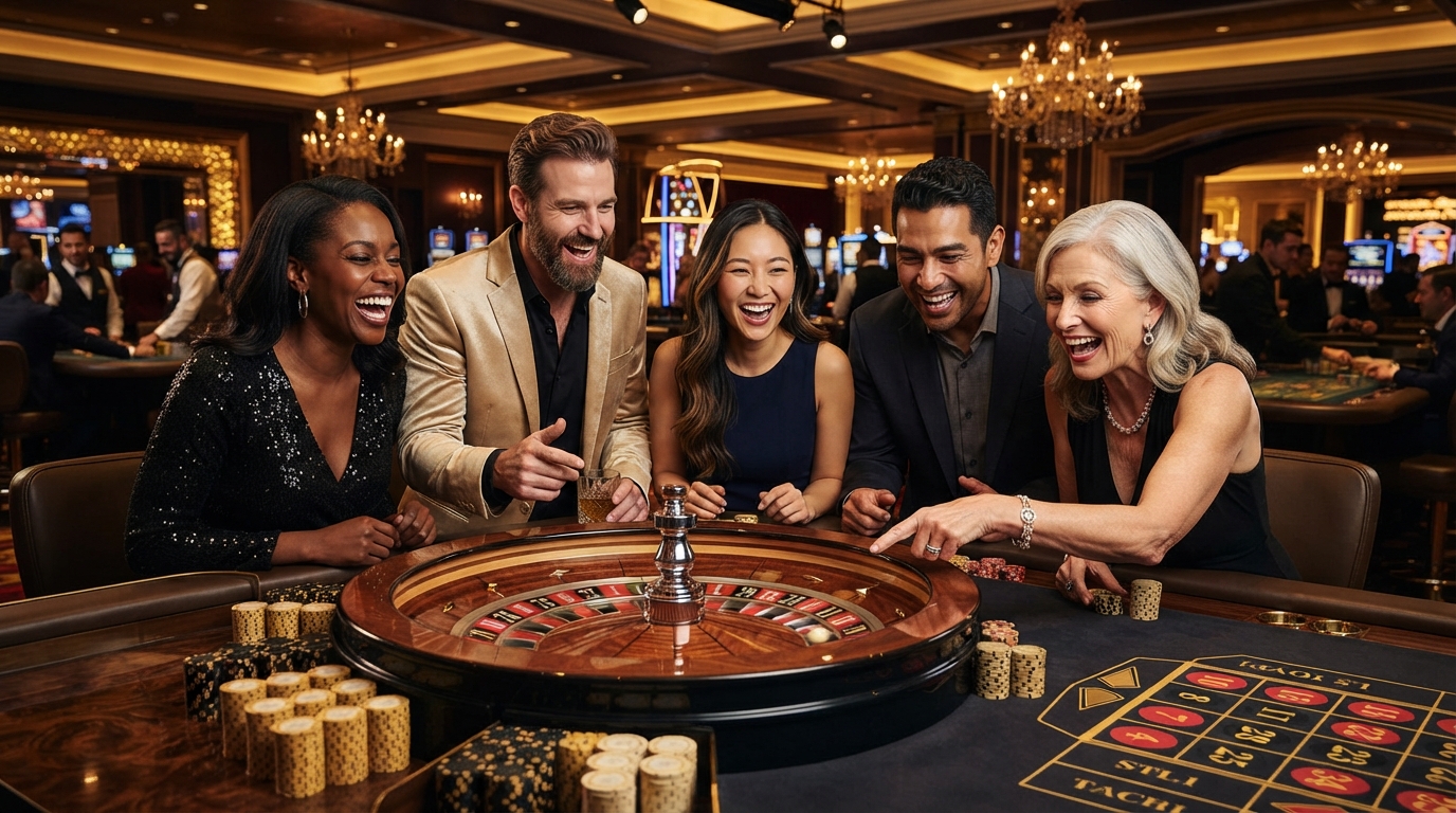 Live Casino Blackjack hos Udenlandske Casinoer med PayPal — Diverse group of friends laughing around a high-stakes roulette, gold accents.