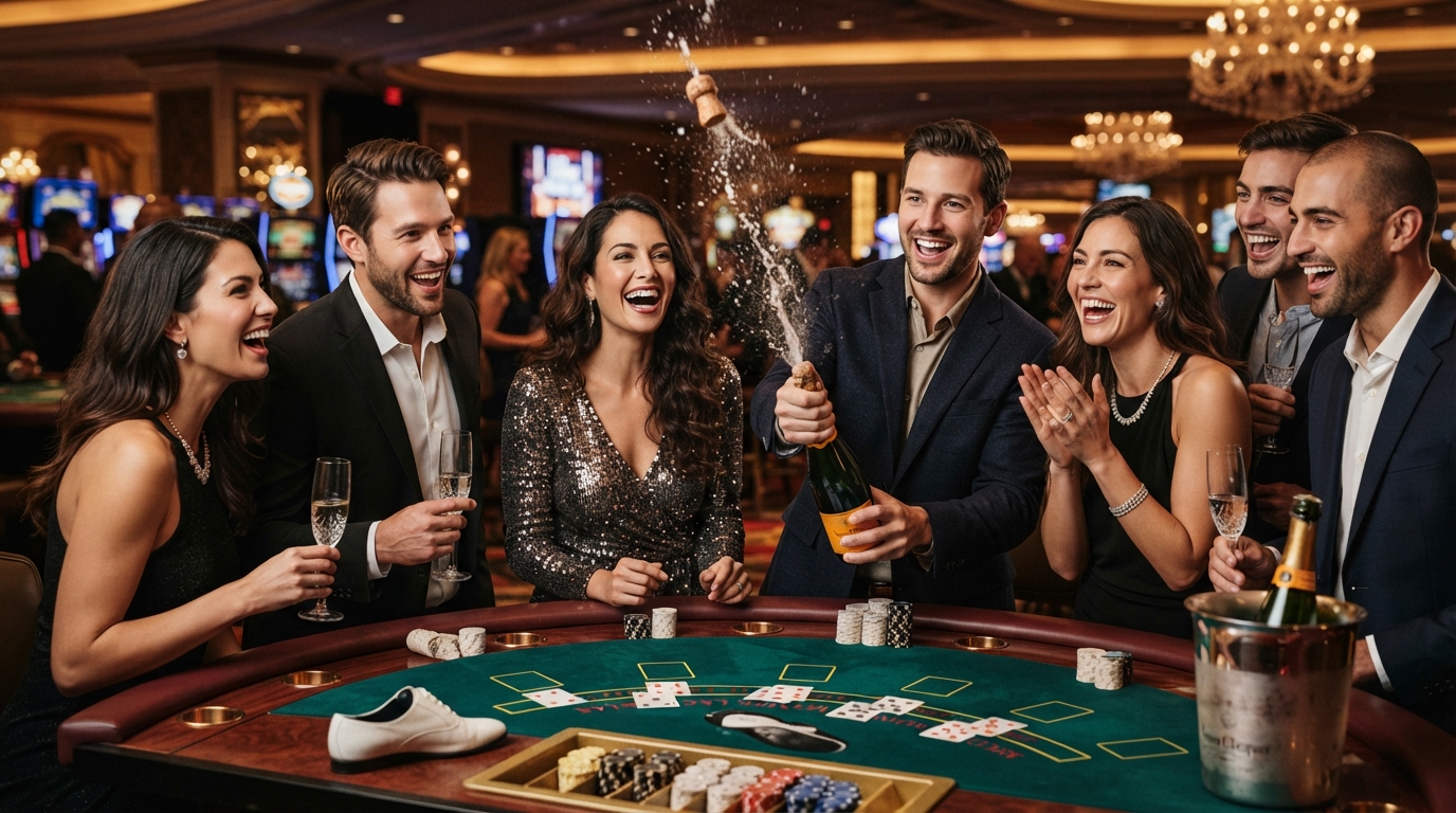 Rigtige penge slots casino uden dansk licens — Elegante venskaber ved et privat blackjackbord, lyse øjeblikke med champagneprop
