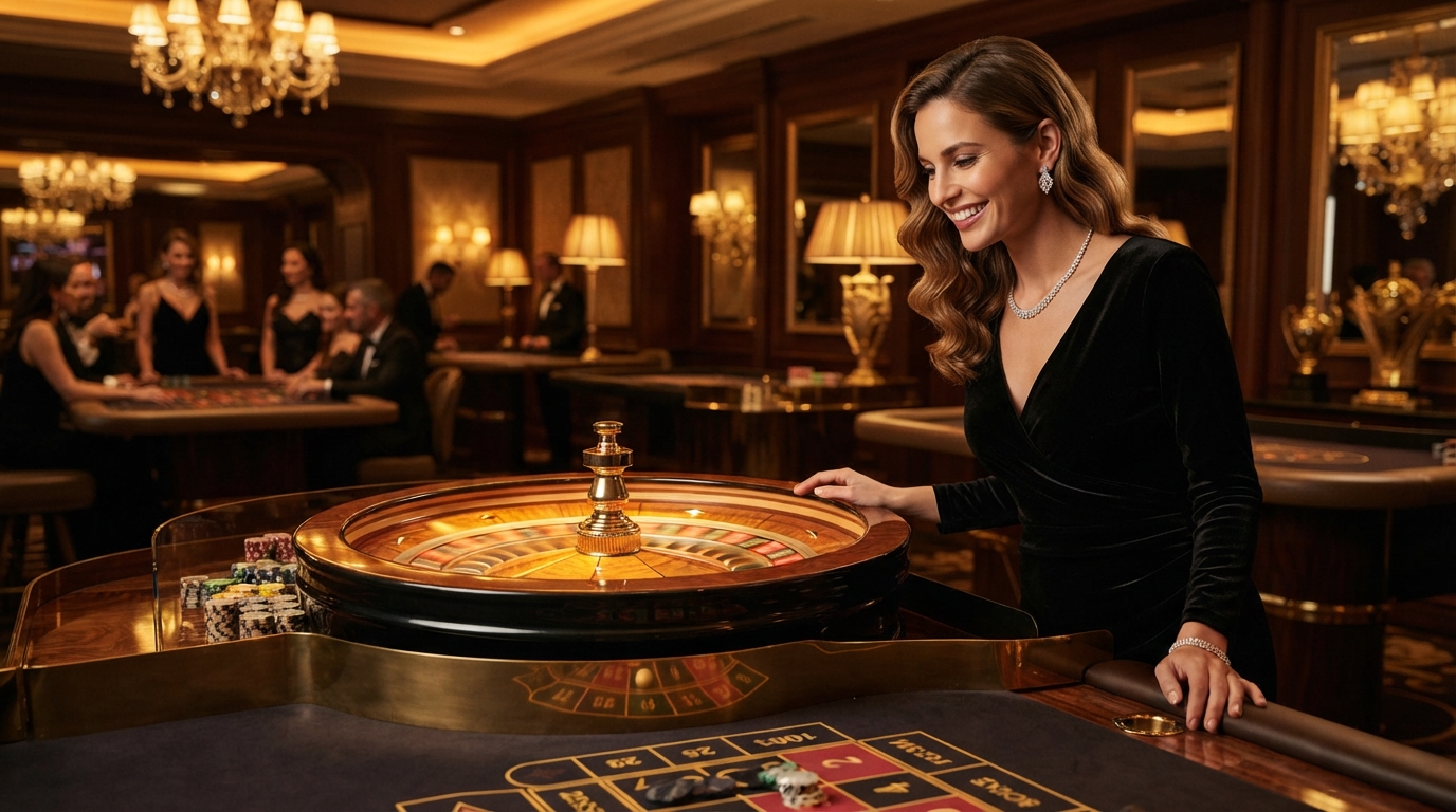Rigtige penge slots casino uden dansk licens — En kvinde, smilende, betragter roulettehjulets gyldne snurren under dæmpet, luks